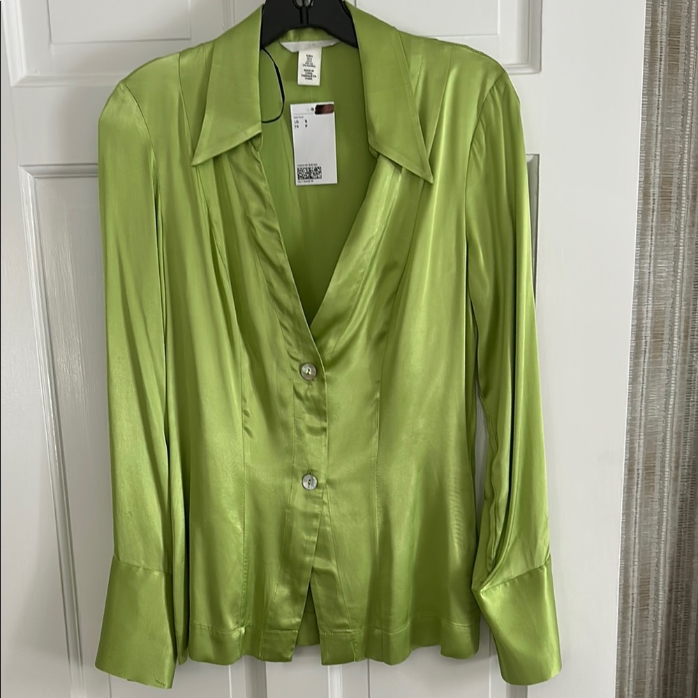 Zara Green Fitted Blouse with Notched Collar